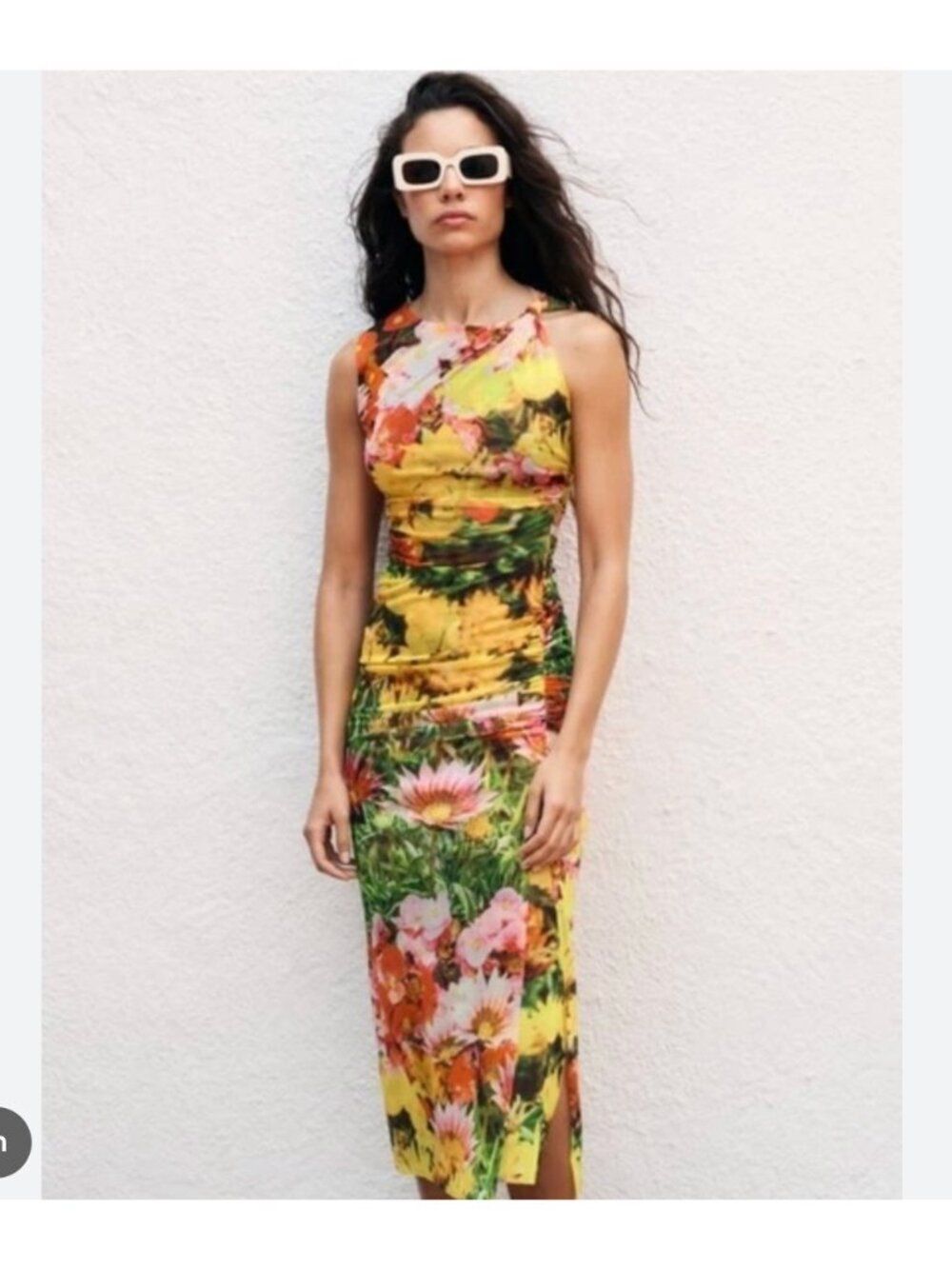 Zara Womens Dress Floral Print Mesh Ruched Midi Medium Multicolor 5039/377 NWOT